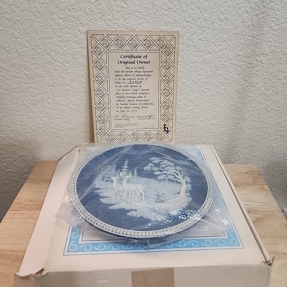 At Streams Edge - Blue Incolay Plate - Deer - Plate 3298B W/ COA.